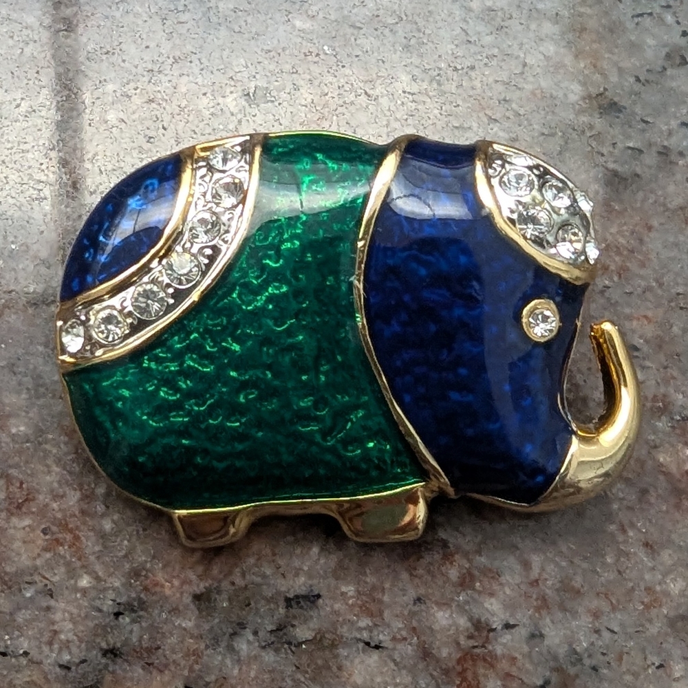 Elegant Green and Blue Elephant Brooch